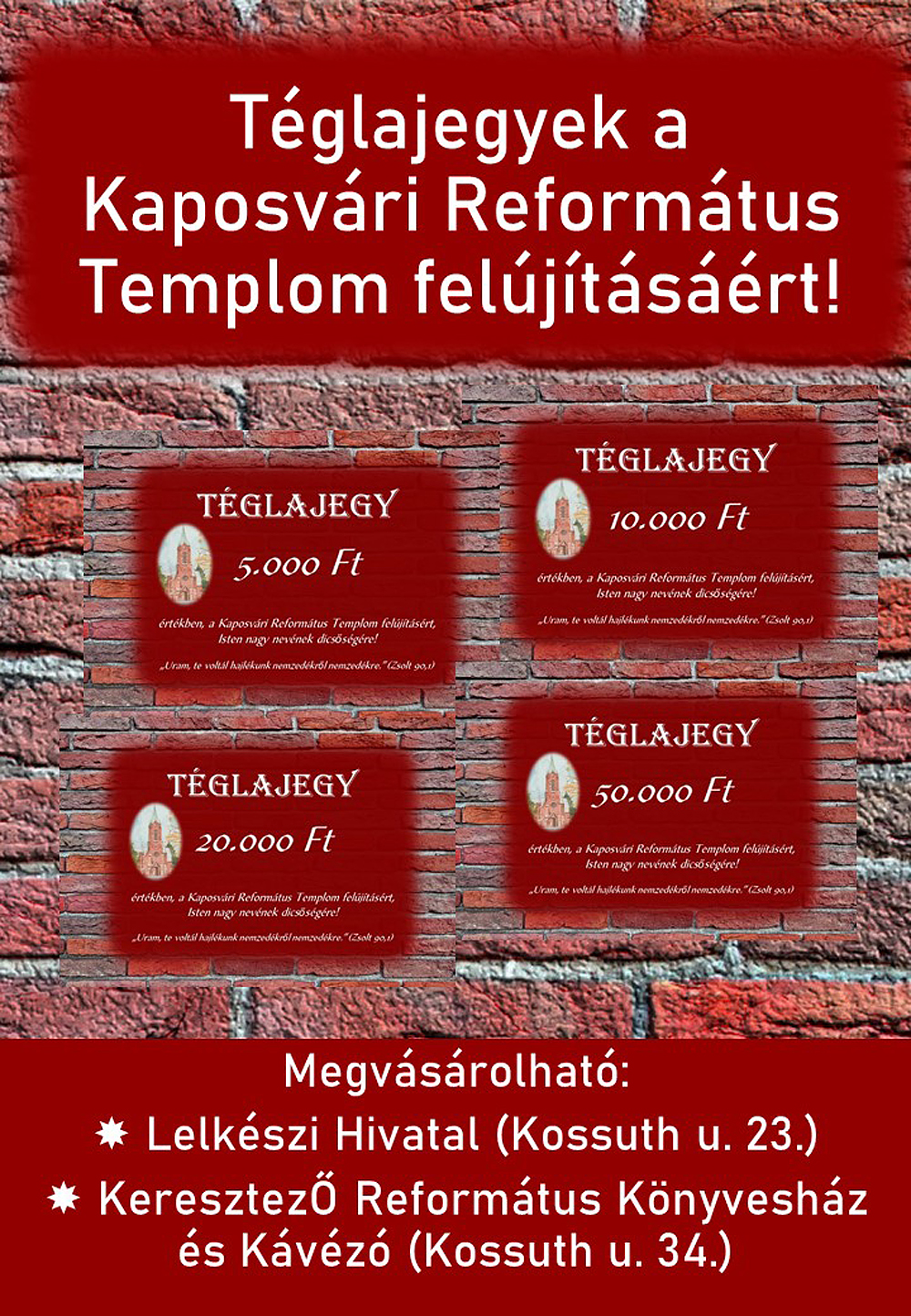 Téglajegyek a Kaposvári Református Templom felújításáért!