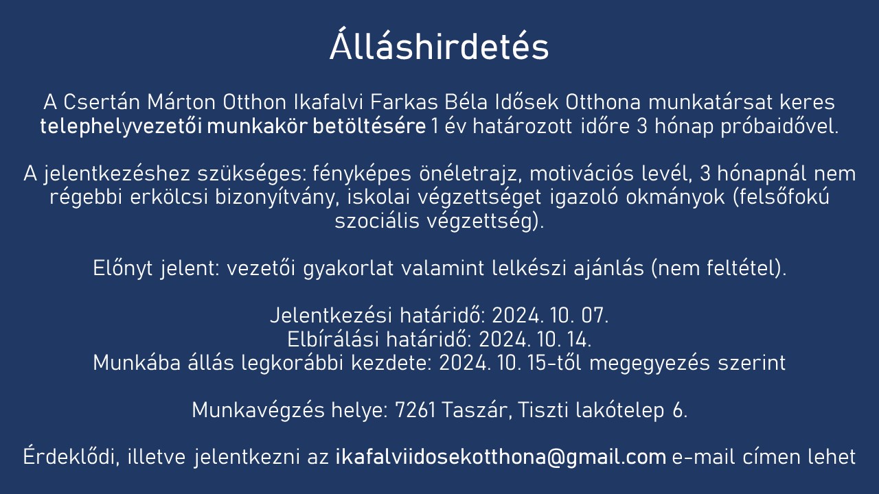 Álláshirdetés – Csertán Márton Otthon Ikafalvi Farkas Béla Idősek Otthona